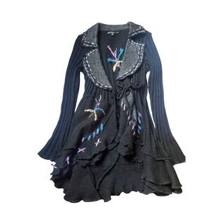 Unique Black Knit Cardigan Sweater Jacket Ruffled Hem Dragonflies Embroidery